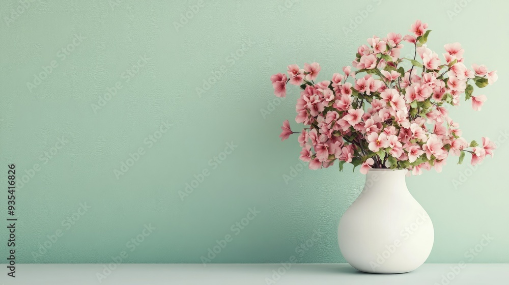 Soft pink flowers in a white vase on a table, framed by pastel green walls, creating a calming atmosphere with space for text Soft pink flowers in a white vase on a table, framed by pastel green walls, creating a calming atmosphere with space for text