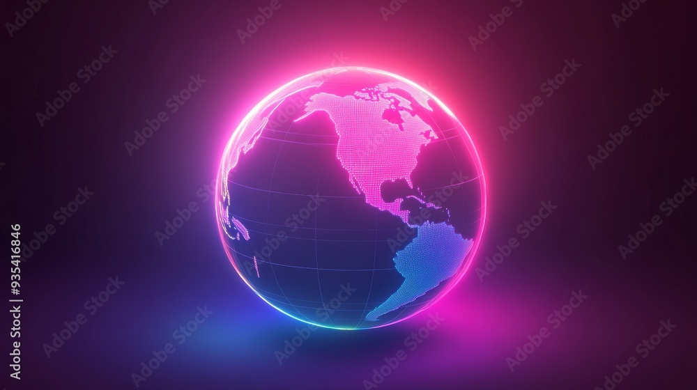 Fototapeta premium A glowing, neon colored globe with the continents of North America