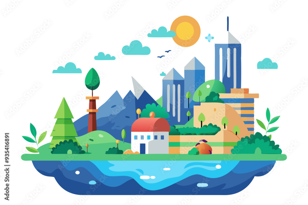 Naklejka premium A Cityscape with Mountains, Trees, and a River in a Sunny Day