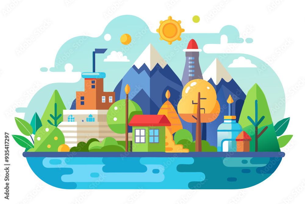 Fototapeta premium A Colorful Illustration of a Town by a Lake with Mountains in the Background
