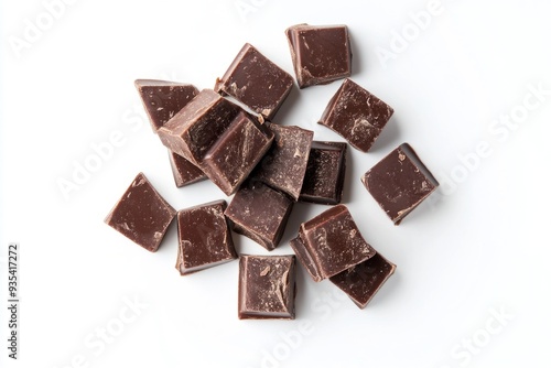 Delicious chocolate pieces scattered on a white background. Perfect for desserts or snacks. Indulge in sweet treats anytime. A great ingredient for baking. Generative AI