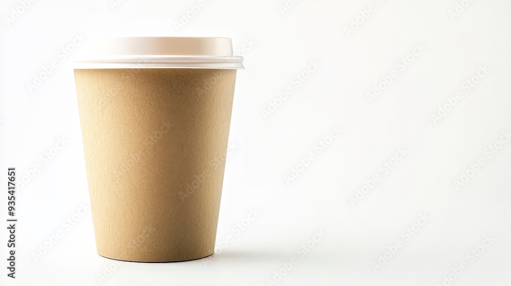 A brown paper cup with a white lid, isolated on a white background. A brown paper cup with a white lid, isolated on a white background.