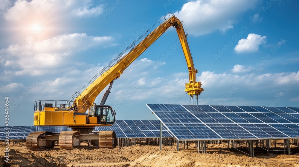 Yellow Crane Lifting Solar Panels in a Field Yellow Crane Lifting Solar Panels in a Field