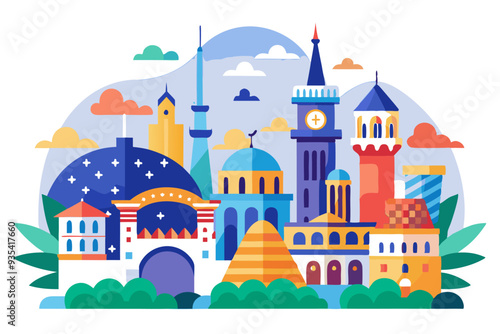 A Colorful Illustration of Diverse Architectural Structures in a Cityscape