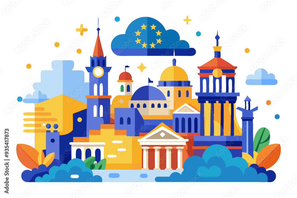 Fototapeta premium European Cityscape with a Cloud Shaped Like the European Union Flag