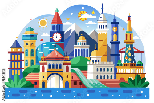 Colorful Cityscape with Famous Landmarks and a Waterpark