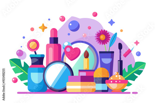 Colorful Cosmetic Products with Flowers and Leaves