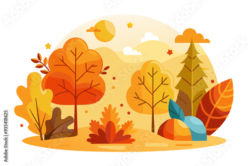Autumnal Forest Scene with Trees and Leaves