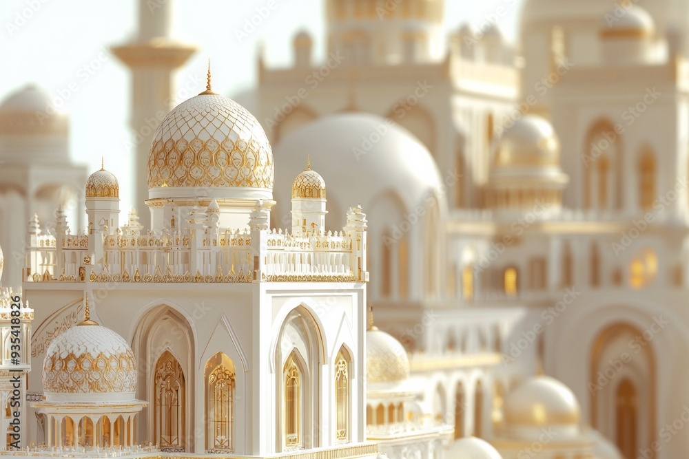 Obraz premium A closeup 3D render of an elegant islamic city, decorated wtih subtle gold color, soft lighting