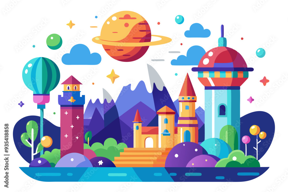 Fototapeta premium A Colorful Fantasy City with Towers and a Planet in the Sky