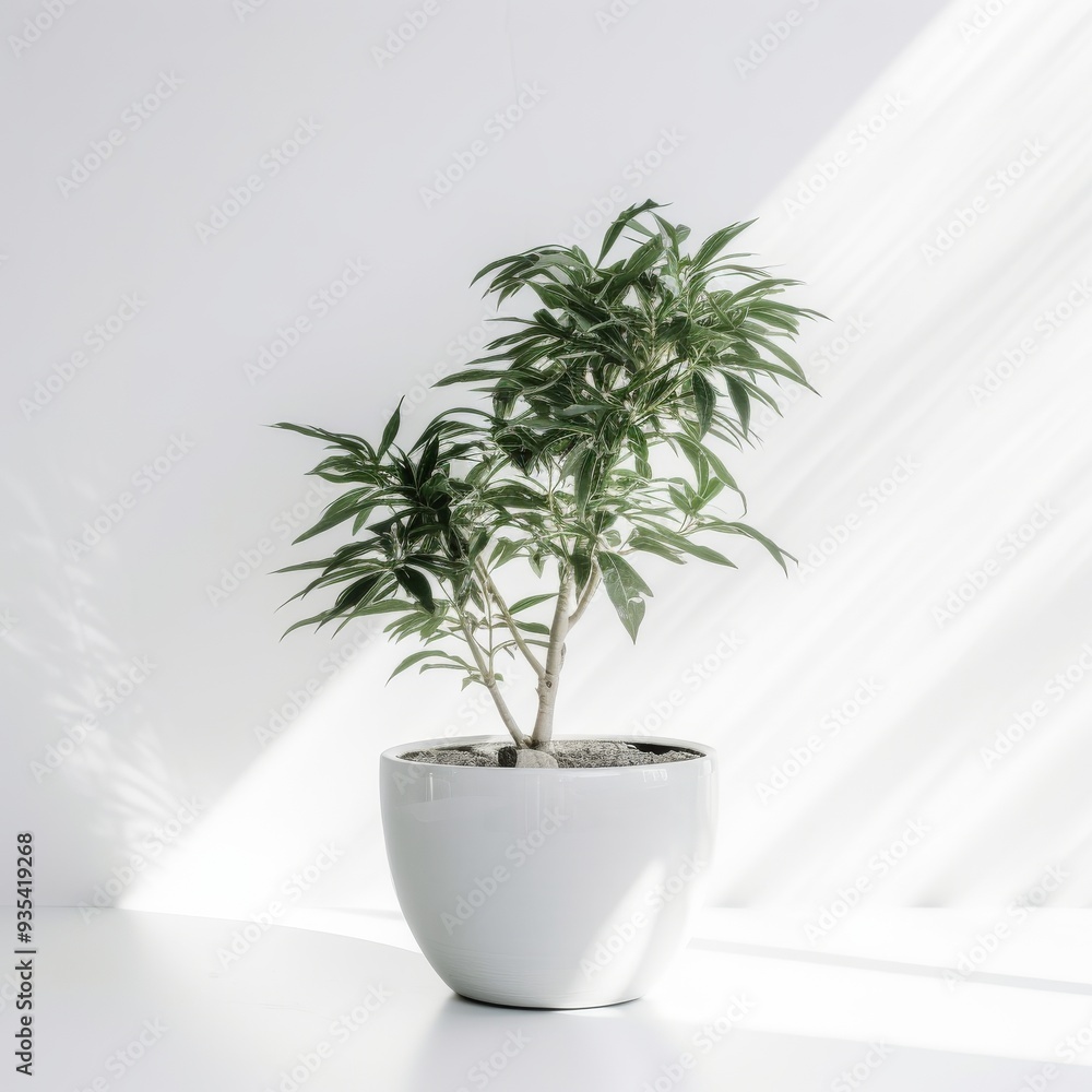 Elegant Indoor Plant in Modern White Pot with Sunlight Shadows - Perfect for Home Decor and Office Spaces Elegant Indoor Plant in Modern White Pot with Sunlight Shadows - Perfect for Home Decor and Office Spaces