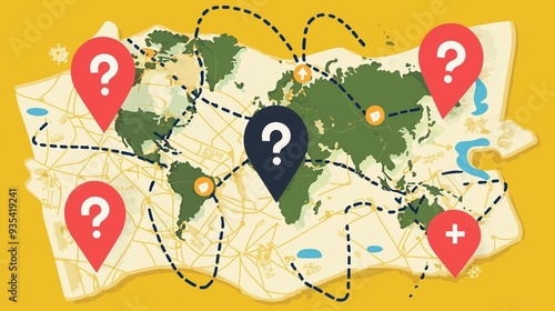 A map with unclear directions, featuring question marks and dotted lines, symbolizing confusion and uncertainty.