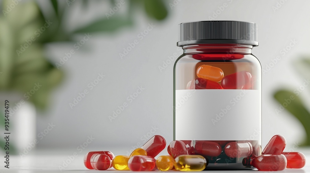 Clear bottle with blank label filled with colorful capsules, representing supplement branding and health products. Clear bottle with blank label filled with colorful capsules, representing supplement branding and health products.