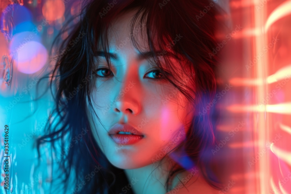Close up portrait of asian woman with wet hair, highlighted by dramatic lighting and vibrant colors, evoking an emotional and intense atmosphere Close up portrait of asian woman with wet hair, highlighted by dramatic lighting and vibrant colors, evoking an emotional and intense atmosphere