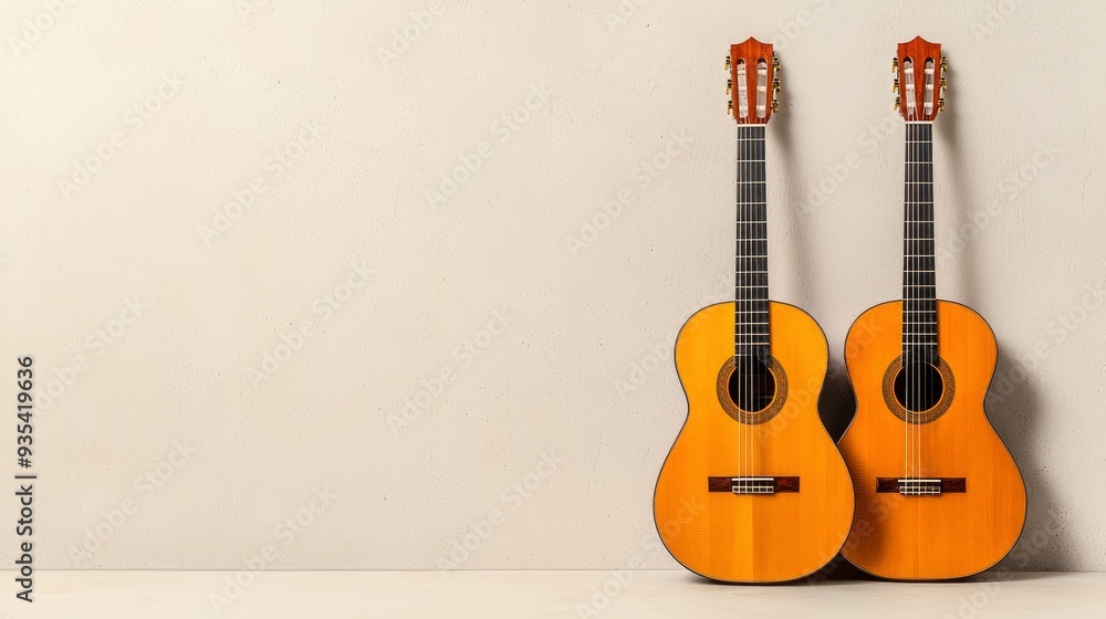 Fototapeta premium Two Broken Guitars Leaning Against A Rugged Concrete Wall 