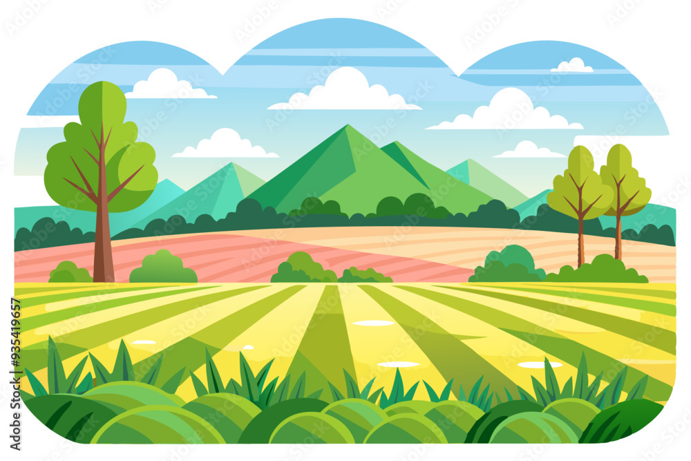 Obraz premium Green Landscape with Mountains, Trees, and Fields