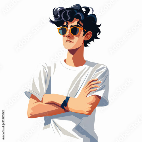 Cool nerd guy rocks shades and a protocol tee, blending style with tech vibes in a vibrant flat illustration.