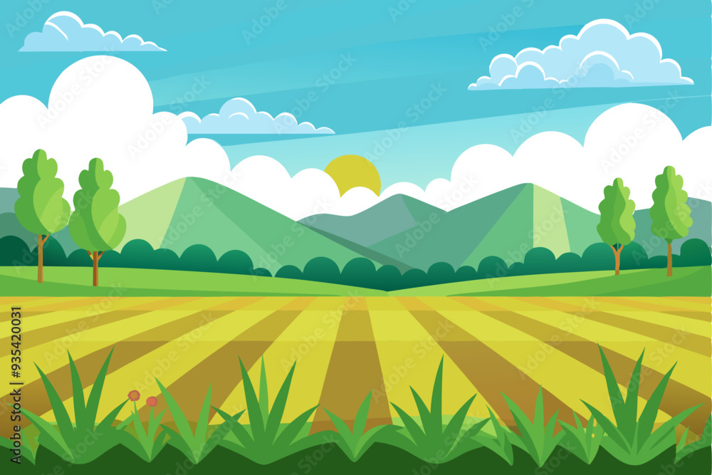 Fototapeta premium Cartoon Landscape with Green Hills, Fields, and Sun
