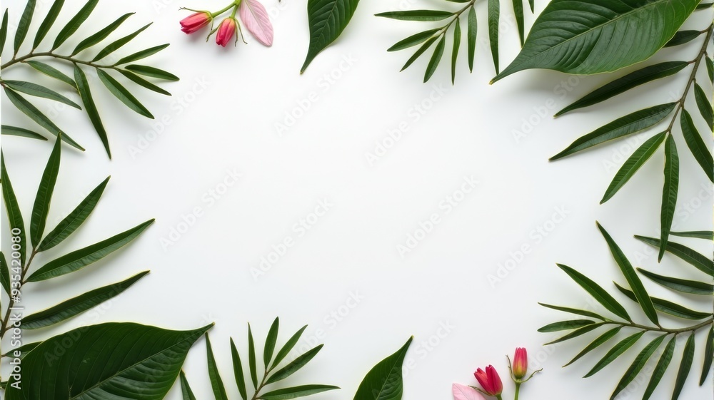 Minimalist Botanical Frame with Green Leaves and Pink Flowers on White Background, Perfect for Invitations and Nature-Themed Projects Minimalist Botanical Frame with Green Leaves and Pink Flowers on White Background, Perfect for Invitations and Nature-Themed Projects