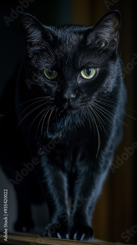 Black cat with intense gaze in dark shadowy lighting indoors