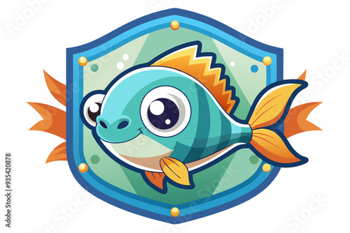 Cartoon Fish in a Blue and Green Shield with Gold Accents