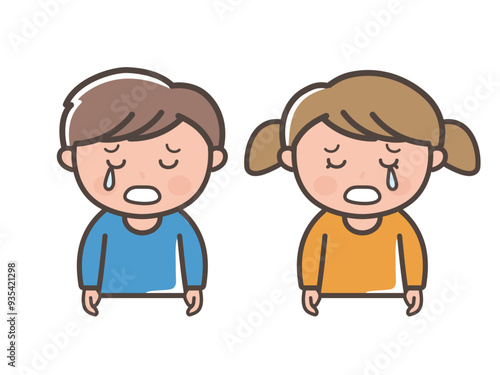 悲しくて泣く男の子と女の子の上半身イラスト（小学生、幼児、子供）