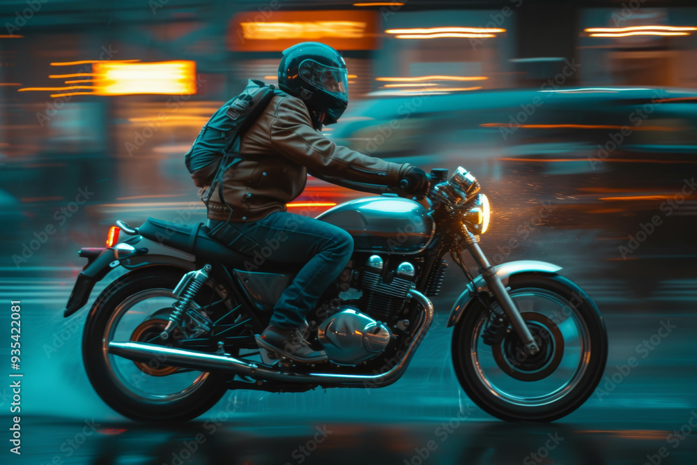 Fototapeta premium Motorcyclist riding through city streets at night, side view capturing motion blur panning effect from city lights and reflections on wet road, embodying spirit of adventure and urban exploration