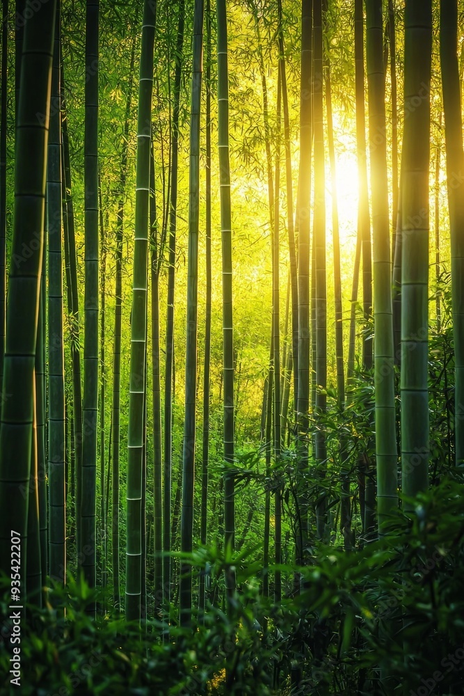 Fototapeta premium A dense bamboo forest with shafts of golden sunlight streaming through the tall, green stalks.