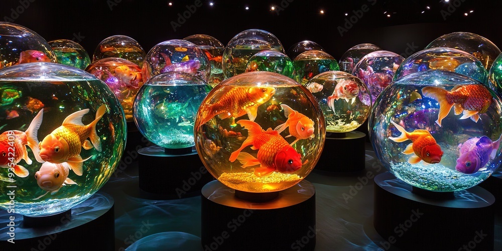Lots of goldfish in goldfish bowls, brightly colored and illuminated Lots of goldfish in goldfish bowls, brightly colored and illuminated