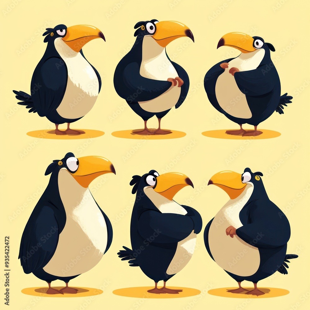Naklejka premium A cartoon-style illustration of six penguin characters in various poses and expressions.
