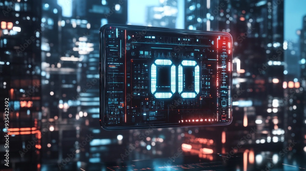 Fototapeta premium A sleek digital timer glows brightly in a futuristic cityscape. The high-tech design features glowing numbers against a backdrop of tall buildings.