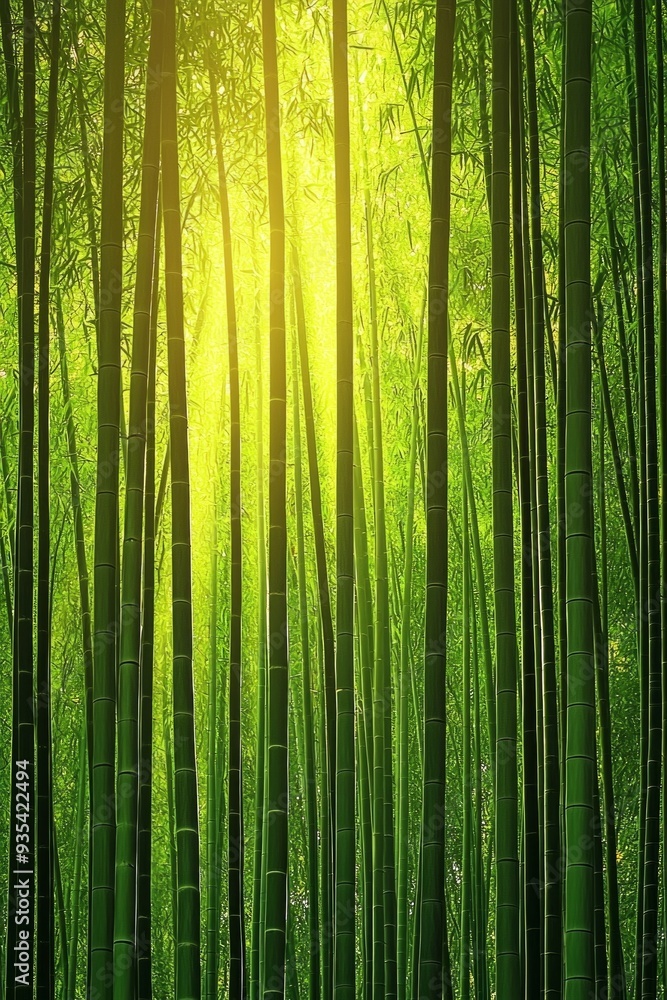 A dense bamboo forest with shafts of golden sunlight streaming through the tall, green stalks. A dense bamboo forest with shafts of golden sunlight streaming through the tall, green stalks.