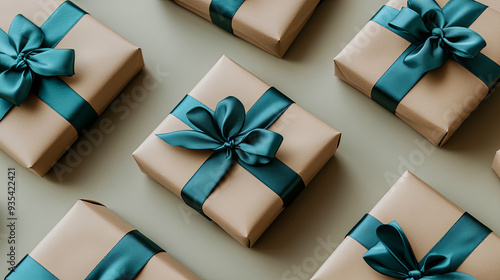 Wrapped gift boxes with teal ribbons arranged neatly on a light surface