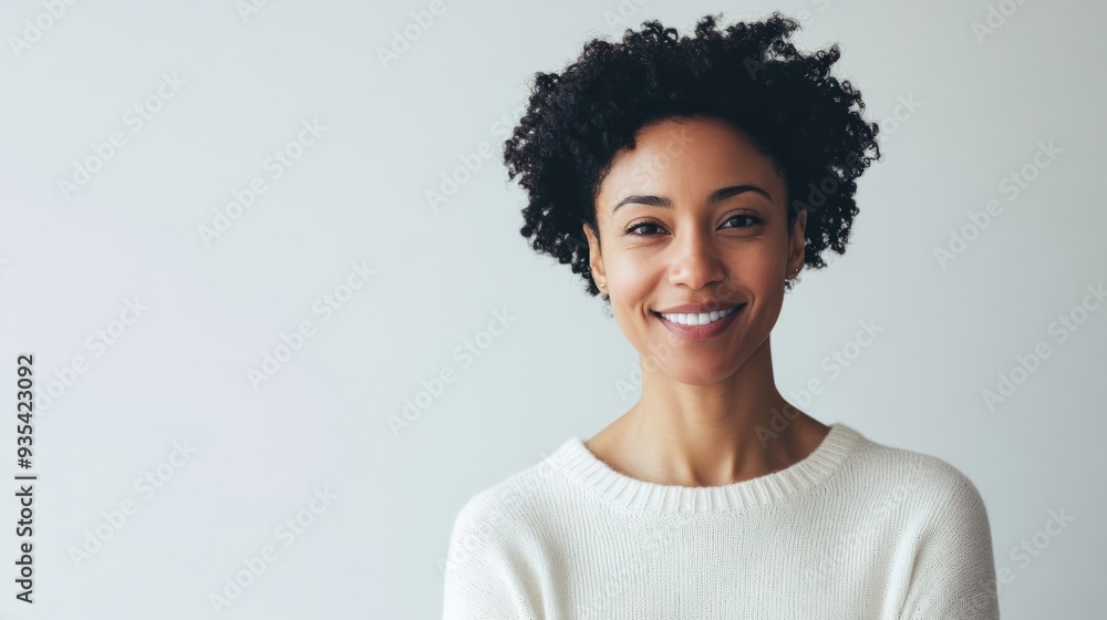 In front of a white background, the side face of a woman with short and curly hair hung a warm smile, exuding confidence and elegance. Her beauty and generosity convey a positive attitude towards life In front of a white background, the side face of a woman with short and curly hair hung a warm smile, exuding confidence and elegance. Her beauty and generosity convey a positive attitude towards life