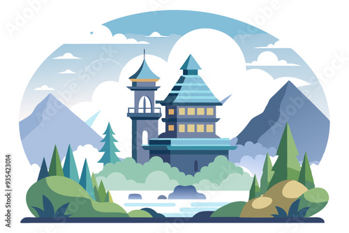 A Quaint Blue Castle nestled Amidst Mountains, Forests, and a River