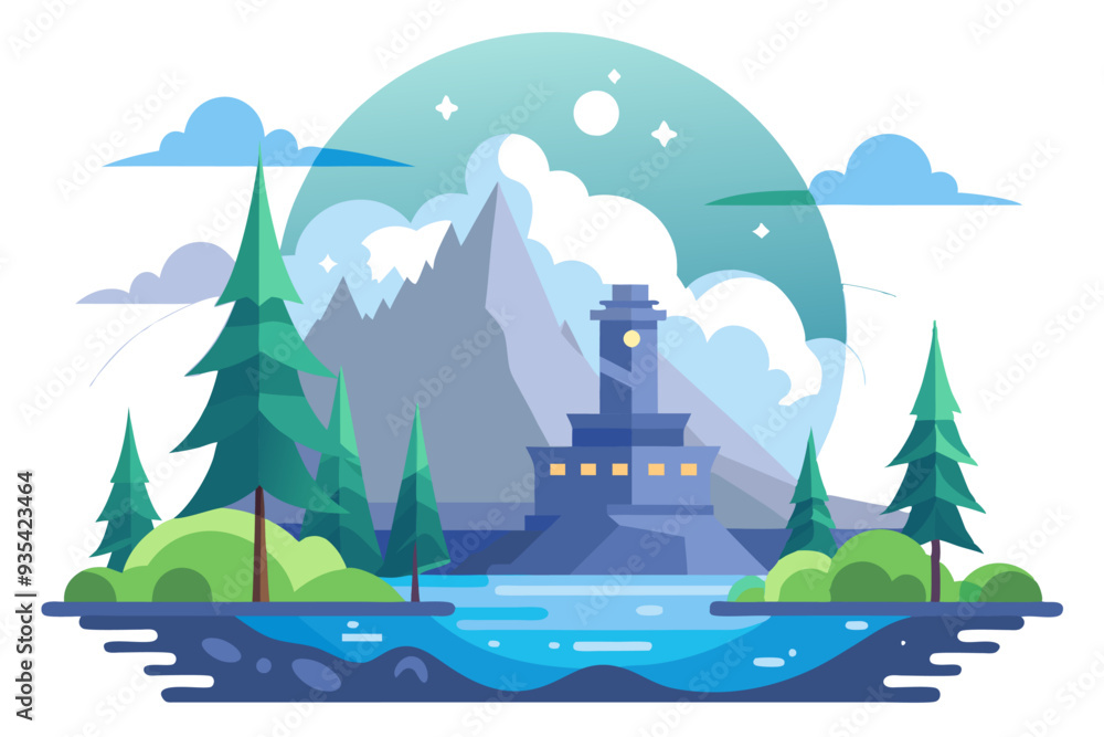 A Lighthouse on a Rocky Coastline with Mountains and Pine Trees A Lighthouse on a Rocky Coastline with Mountains and Pine Trees