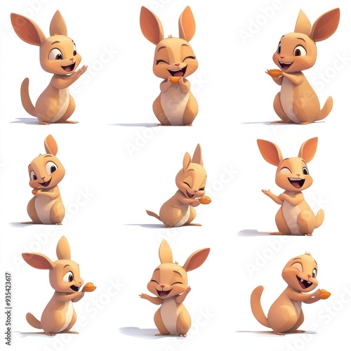 A collection of cute cartoon kangaroo characters displaying various joyful expressions.