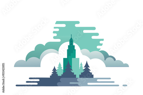 Tall Skyscraper Emerging From Clouds With Surrounding Trees