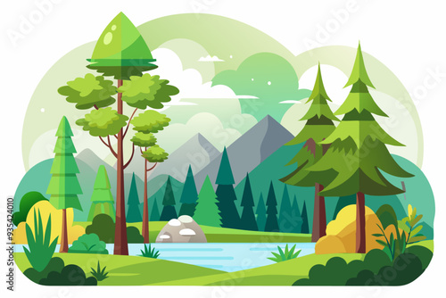 Lush Green Forest Landscape with River and Mountains