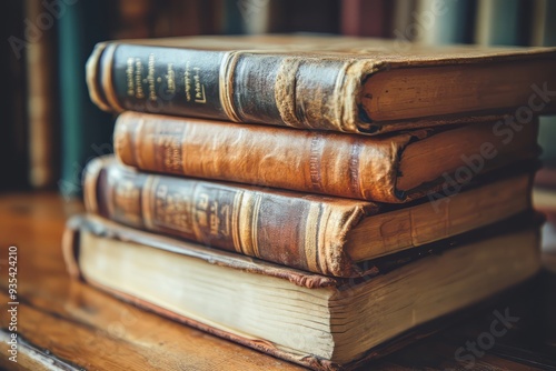 Antique Leather-Bound Books Stacked On A Wooden Table.