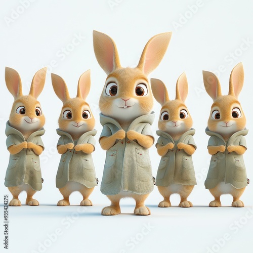 Five cartoon rabbits in coats standing together, showcasing a playful and friendly vibe.