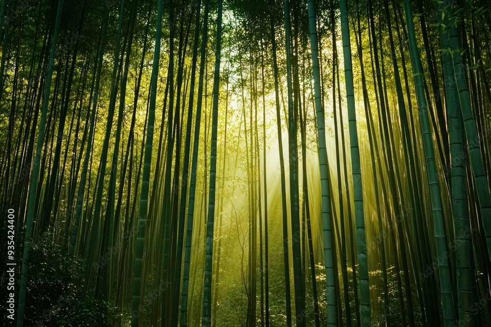 A dense bamboo forest with shafts of golden sunlight streaming through the tall, green stalks. A dense bamboo forest with shafts of golden sunlight streaming through the tall, green stalks.