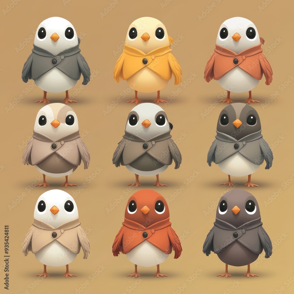 Fototapeta premium A grid of cute, stylized birds in various colors and cloaks.