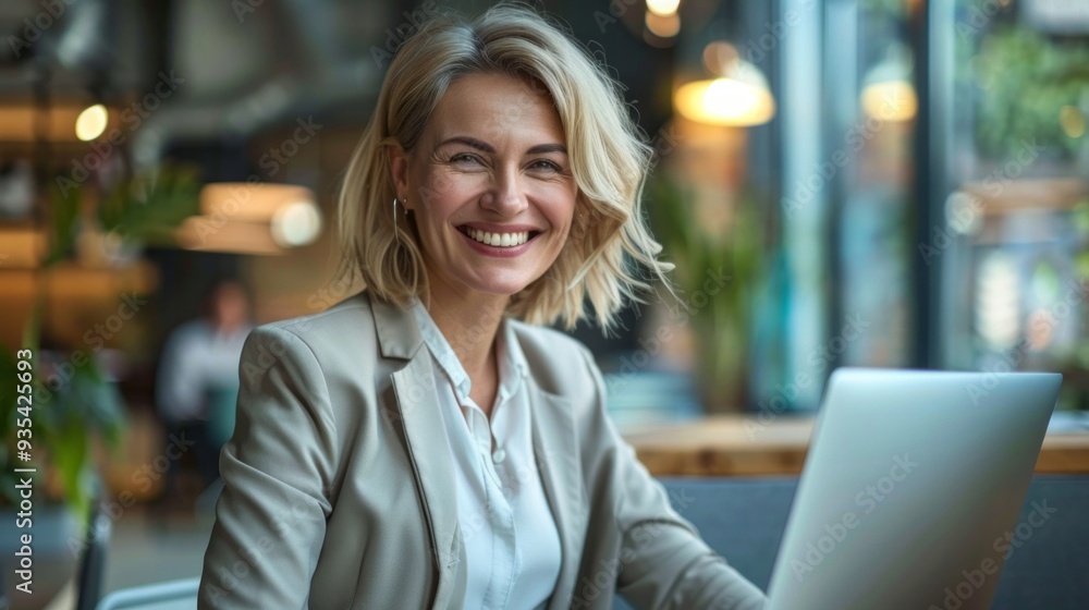 A cheerful mature businesswoman sits at her desk, engaging with her laptop in a bright and stylish workspace filled with plants and warm lighting A cheerful mature businesswoman sits at her desk, engaging with her laptop in a bright and stylish workspace filled with plants and warm lighting