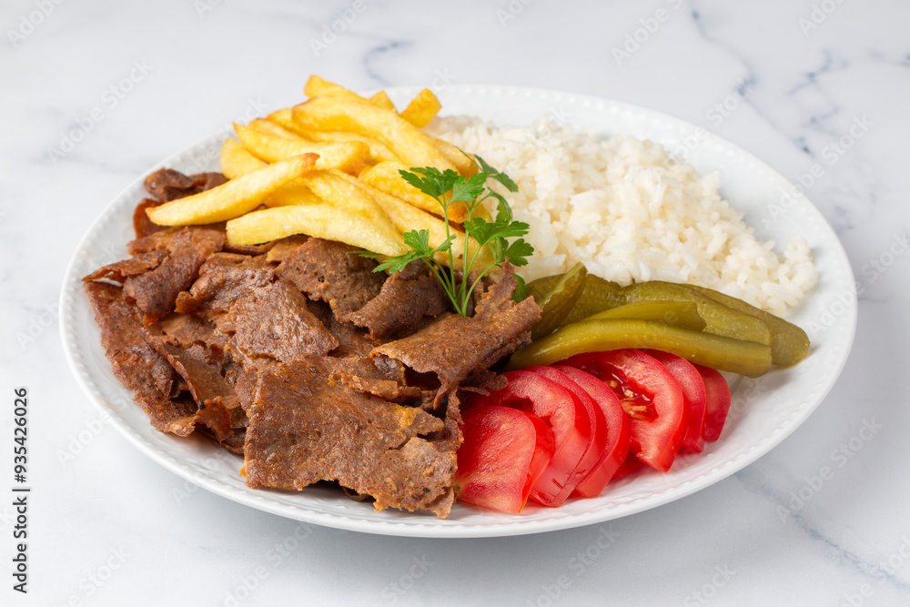 Meat doner menu, iskender menu on plate, turkish special meat doner, food, special menu (Turkish name; pilav üstü et doner)
