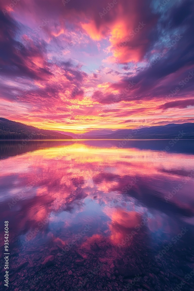 Fototapeta premium A dramatic sunset over a serene lake, the sky ablaze with hues of pink, orange, and purple, reflecting on the calm water.