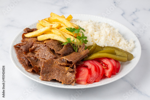 Obraz na płótnie Meat doner menu, iskender menu on plate, turkish special meat doner, food, special menu (Turkish name; pilav üstü et doner) w salonie