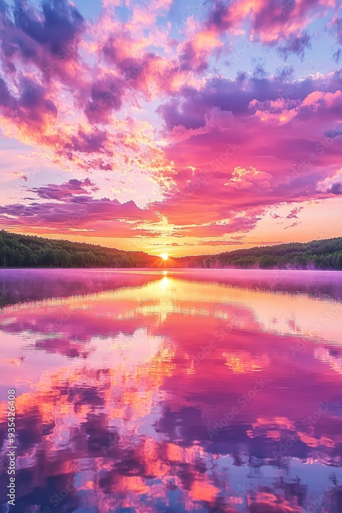 Fototapeta premium A dramatic sunset over a serene lake, the sky ablaze with hues of pink, orange, and purple, reflecting on the calm water.