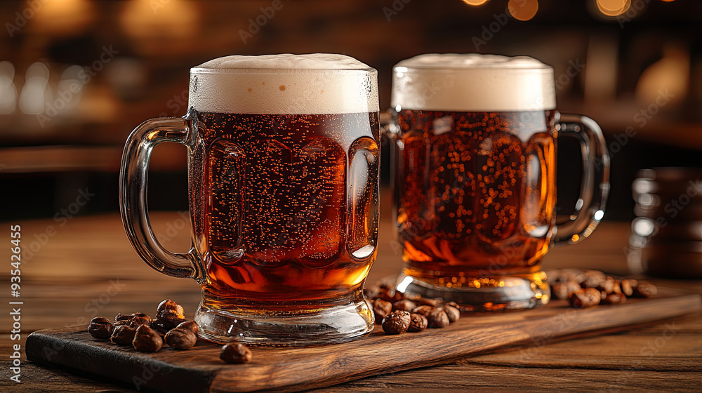 Two frothy mugs of amber beer on a wooden table with coffee beans, in a cozy pub setting during the evening Two frothy mugs of amber beer on a wooden table with coffee beans, in a cozy pub setting during the evening