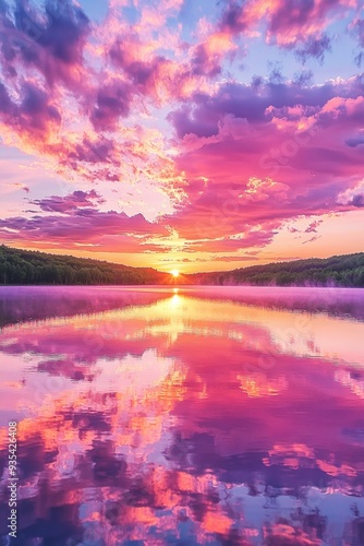 Wallpaper Mural A dramatic sunset over a serene lake, the sky ablaze with hues of pink, orange, and purple, reflecting on the calm water. Torontodigital.ca